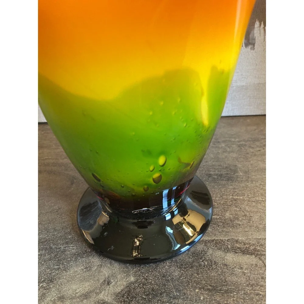 Art Glass Ruffled Handkerchief Vase Rainbow Red Orange Yellow Green 12 Inch MCM